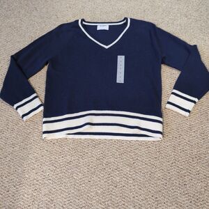 Old Navy So Soft V Neck Pullover Sweater Womens Small Blue White Stripe Academia